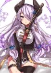  1girl black_gloves black_legwear blush breasts demon_horns elbow_gloves gloves granblue_fantasy hair_ornament hair_over_one_eye highres horns large_breasts lavender_eyes lavender_hair leg_garter long_hair looking_at_viewer narumeia_(granblue_fantasy) object_hug pointy_ears simple_background single_thighhigh solo sword takeshima_(nia) thigh-highs weapon white_background 