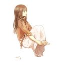  1girl barefoot blush brown_eyes brown_hair clarinet_(natsumi3230) full_body hands_on_feet long_hair simple_background smile solo white_background 