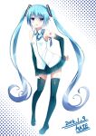  1girl 2016 absurdres artist_name blue_eyes blue_hair blush boots dated elbow_gloves fingerless_gloves gloves hand_on_hip hatsune_miku highres kaieee long_hair necktie skirt solo thigh-highs thigh_boots thighhighs_pull twintails very_long_hair vocaloid white_background 