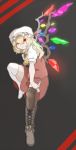  1girl black_legwear blonde_hair claws flandre_scarlet hiedanotsukai looking_at_viewer mismatched_footwear mismatched_legwear parted_lips red_eyes side_ponytail single_boot skirt solo thigh-highs touhou vest white_legwear wings 