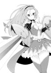  1girl absurdres glasses greyscale hairband highres katie_(sennen_sensou_aigis) monochrome oku_hideki sennen_sensou_aigis shield skirt solo sword thigh-highs weapon 