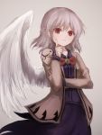  1girl absurdres bow bowtie braid dress feathered_wings french_braid grey_background hand_on_own_cheek highres jacket kishin_sagume long_sleeves looking_at_viewer open_clothes open_jacket purple_dress red_eyes short_hair silver_hair simple_background single_wing solo thkani touhou white_wings wings 
