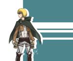  1boy androgynous armin_arlert belt blonde_hair blue_eyes boots brown_boots dated emeraudolupus jacket looking_to_the_side male_focus shingeki_no_kyojin signature solo suspenders three-dimensional_maneuver_gear 
