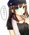  1girl blue_eyes blush brown_hair clarinet_(natsumi3230) hat open_mouth simple_background solo translation_request white_background 