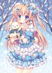  1girl animal_ears bear_ears blonde_hair blue_eyes blush dress gloves hair_ribbon highres jewelry kouta. long_hair necklace original pearl_necklace puffy_sleeves ribbon short_sleeves smile snowing solo stuffed_animal stuffed_toy teddy_bear tiara twintails 