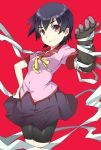  1girl bakemonogatari bandages bike_shorts black_hair gedou_(ge_ge_gedou) highres kanbaru_suruga monogatari_(series) red_eyes school_uniform standing 