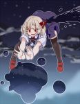  1girl :d bent_over blonde_hair darkness dress fang hair_ribbon hiedanotsukai ink open_mouth pointy_ears red_shoes ribbon rumia shoes short_hair single_wing smile solo thigh-highs touhou tsurime wings 