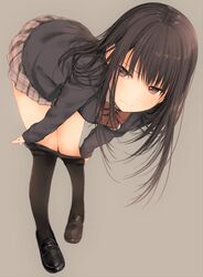  1girl bangs beige_background bent_over black_eyes black_hair black_legwear black_shoes cardigan closed_mouth full_body highres kirisawa_saki knees_together_feet_apart loafers long_hair long_sleeves miniskirt original pantyhose pantyhose_pull plaid plaid_skirt pleated_skirt red_bowtie school_uniform shoes simple_background skirt solo standing 