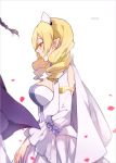  1boy 1girl aiwm blonde_hair blush breasts cleavage crowley_eusford curly_hair dress horn_skuld large_breasts long_hair out_of_frame owari_no_seraph pointy_ears red_eyes solo_focus white_dress 