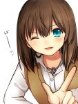  1girl blue_eyes blush brown_hair clarinet_(natsumi3230) one_eye_closed simple_background smile solo white_background 