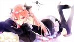  1girl aiwm arukanu bare_shoulders bat black_boots black_dress black_legwear boots detached_sleeves dress krul_tepes long_hair looking_at_viewer owari_no_seraph pink_hair pointy_ears red_eyes smile solo thigh-highs thigh_boots two_side_up vampire very_long_hair 