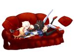  2girls :3 artist_request bismarck_(zhan_jian_shao_nyu) blue_eyes character_request couch cup elbow_gloves glasses gloves highres holding_hands kantai_collection licking long_hair multiple_girls red-framed_glasses red_eyes semi-rimless_glasses short_hair straddling teacup thigh-highs under-rim_glasses uniform yuri zhan_jian_shao_nyu 