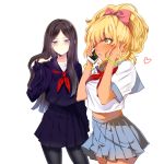  2girls arm_at_side bangs black_hair black_legwear blonde_hair blunt_bangs blush bow bracelet breasts cellphone cowboy_shot dark_skin eyebrows eyebrows_visible_through_hair ganguro hair_bow hair_tucking hand_in_hair hand_on_head heart highres holding_phone ichiko_(osomatsu-san) jewelry juushiko_(osomatsu-san) large_breasts long_hair long_sleeves midriff multiple_girls one_eye_closed osomatsu-san pantyhose parted_bangs phone pink_bow pleated_skirt ponytail red_ribbon ribbon school_uniform sera_nin serafuku simple_background skirt talking_on_phone tan very_long_hair violet_eyes white_background yellow_eyes 