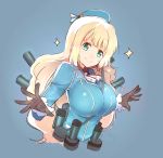  aqua_eyes artist_request atago_(kantai_collection) blonde_hair blue_background breasts gloves hat highres huge_breasts kantai_collection long_hair simple_background smile sparkle uniform 