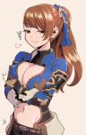  1girl beatrix_(granblue_fantasy) belt breasts brown_eyes brown_hair cleavage crossed_arms gauntlets granblue_fantasy hair_ornament hair_ribbon hanauna large_breasts long_hair looking_at_viewer midriff narrowed_eyes navel ponytail ribbon smile solo 