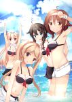  4girls armpits bikini black_bikini black_hair blonde_hair blue_eyes breasts brown_eyes brown_hair cleavage hair_ribbon hairband highres kantai_collection light_brown_hair long_hair mia_(kuja999) multiple_girls murasame_(kantai_collection) navel ocean open_mouth outdoors red_eyes ribbon shigure_(kantai_collection) shiratsuyu_(kantai_collection) sideboob sky smile swimsuit water white_shorts yuudachi_(kantai_collection) 