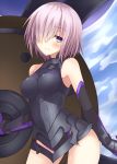  1girl absurdres arm_at_side armor armored_dress armpits bare_shoulders black_dress dress elbow_gloves fate/grand_order fate/stay_night fate_(series) gloves hair_over_one_eye highres impossible_armor kuzuyu purple_hair shield shielder_(fate/grand_order) short_hair smile solo violet_eyes 