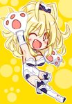  1girl armpits blonde_hair blush breasts chibi claws fang kamia_(not_found) looking_at_viewer neptune_(series) one_eye_closed open_mouth pish smile symbol-shaped_pupils yellow_heart 