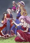 5girls black_eyes black_hair blonde_hair blue_eyes dress fan flying hair_ribbon hat houraisan_kaguya kijin_seija long_hair long_skirt multiple_girls pantyhose purple_hair red_eyes ribbon short_hair silver_hair single_wing skirt standing sword touhou unya watatsuki_no_toyohime watatsuki_no_yorihime weapon wings yagokoro_eirin yellow_eyes