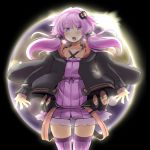  1girl :o black_background blush collarbone criss-cross_halter earth hair_ornament hair_tubes halter_top halterneck hoodie long_sleeves looking_at_viewer low_twintails nise_nanatsura open_clothes open_hoodie open_mouth planet purple_hair purple_legwear see-through short_hair_with_long_locks short_twintails simple_background solo sun sunlight thigh-highs twintails violet_eyes vocaloid voiceroid yuzuki_yukari zettai_ryouiki 