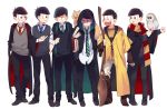  6+boys :3 :d ahoge alternate_costume animal animal_on_shoulder bangoul bird bird_on_arm black_eyes black_hair black_pants blue_necktie blush book boots broom brothers carrying_under_arm cat cat_on_shoulder clenched_teeth closed_mouth contrapposto cosplay fingerless_gloves frown gloves grin hand_in_pocket hands_in_pockets harry_potter heart heart_in_mouth holding holding_book holding_broom holding_letter holding_wand hood hooded_jacket legs_apart letter long_sleeves looking_at_another love_letter male_focus matsuno_choromatsu matsuno_ichimatsu matsuno_juushimatsu matsuno_karamatsu matsuno_osomatsu matsuno_todomatsu multiple_boys necktie open_mouth osomatsu-kun osomatsu-san owl pants poking quidditch ribbed_sweater scarf scroll sextuplets shaded_face shirt shoes siblings simple_background sleeves_rolled_up smile standing striped striped_necktie striped_scarf sweatdrop sweater sweater_vest uneven_eyes wand white_background white_pants white_shirt 