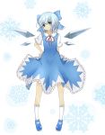  1girl blue_dress blue_eyes blue_hair blue_ribbon cirno dress hair_ribbon hand_on_hip highres looking_at_viewer ribbon short_hair snowflakes socks solo touhou white_legwear yuki_(sangeki5806) 