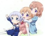  3girls :d blue_dress blue_eyes blue_hair brown_hair child dress flower girl_sandwich gochuumon_wa_usagi_desu_ka? hair_flower hair_ornament happy highres hoto_cocoa hoto_mocha hug hug_from_behind kafuu_chino multiple_girls open_mouth orange_hair pantyhose pink_dress red_star_(toranecomet) sailor_dress sandwiched short_hair siblings side_ponytail simple_background sisters sitting smile socks violet_eyes white_background white_legwear x_hair_ornament younger 