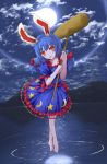  1girl a-lapin animal_ears barefoot blue_dress blue_hair bow clouds dress ear_clip floating full_moon hair_bow hammer head_tilt highres lake legs looking_at_viewer lunar_halo moon moon_print moonlight mountain night night_sky rabbit_ears red_eyes reflection ripples seiran_(touhou) short_sleeves silhouette sky solo split_ponytail star_(sky) star_print starry_sky tongue tongue_out touhou water 