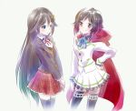  2girls blue_eyes cape cosplay costume_switch crossover grey_eyes iesupa izumi_reina multiple_girls musaigen_no_phantom_world ruby_rose rwby school_uniform skirt thighhighs 