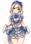  1girl blonde_hair blue_ribbon blush breasts character_request commentary_request gloves granblue_fantasy hair_ornament hair_ribbon highres looking_at_viewer puffy_short_sleeves puffy_sleeves ribbon short_hair short_sleeves simple_background smile solo sparkle takeshima_(nia) thighs white_background white_gloves yellow_eyes 
