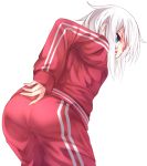  1girl ass blue_eyes cowboy_shot from_behind haegiwa hair_intakes leaning_forward original short_hair simple_background solo track_suit white_background white_hair 
