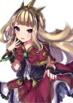 1girl blonde_hair blush cagliostro_(granblue_fantasy) cape crown granblue_fantasy hairband highres long_hair looking_at_viewer open_mouth red_skirt ribbon simple_background skirt skirt_hold smile solo tagme takeshima_(nia) tiara violet_eyes white_background 