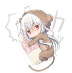  /\/\/\ 1girl :| ahoge amazake_(drink) animal_costume blush bottle chibi jitome kasu_(return) monkey_costume new_year object_hug original red_eyes simple_background solo white_background white_hair 