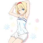  1girl ;( alice_margatroid arm_up armpits bare_arms bare_shoulders blonde_hair bloomers blue_eyes blush collarbone cowboy_shot eyebrows eyebrows_visible_through_hair floral_background frills hairband motion_lines shirt short_hair shorts simple_background sleeveless sleeveless_shirt solo stretch touhou trembling underwear white_background white_shirt white_shorts 