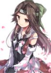  1girl bare_shoulders black_gloves blush brown_eyes brown_hair detached_sleeves elbow_gloves forehead_protector gloves hachimaki hair_intakes hair_ribbon half_updo headband highres jintsuu_(kantai_collection) kantai_collection long_hair looking_at_viewer petals remodel_(kantai_collection) ribbon school_uniform serafuku simple_background smile solo takeshima_(nia) two_side_up v_arms white_background 