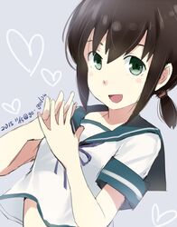  1girl black_hair blush_stickers dated fubuki_(kantai_collection) gedou_(ge_ge_gedou) green_eyes heart kantai_collection looking_at_viewer low_ponytail open_mouth ribbon school_uniform serafuku short_hair short_ponytail simple_background sketch solo upper_body 