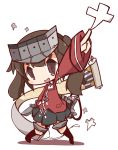 1girl :d brown_eyes brown_hair chibi commentary_request highres japanese_clothes kantai_collection kariginu looking_at_viewer machinery magatama nuu_(nu-nyu) open_mouth pleated_skirt ryuujou_(kantai_collection) scroll shinigami skirt smile solo twintails visor_cap 