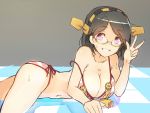  arm_support artist_request bikini breast_press checkered checkered_floor collarbone glasses headgear highres kantai_collection kirishima_(kantai_collection) lying navel semi-rimless_glasses short_hair side-tie_bikini smile strap_slip sweat swimsuit v violet_eyes 