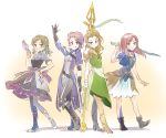  4girls armor belt boots bow bow_(weapon) brown_hair crossbow dew_gayl gwen_darcy iesupa knife multiple_girls nebula_violette octavia_ember pantyhose polearm redhead rwby shoulder_armor skirt smile spear sword throwing_knife weapon 