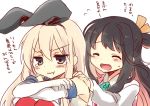  2girls :d :t ^_^ black_hair blonde_hair closed_eyes hairband kantai_collection long_hair long_sleeves multicolored_hair multiple_girls naganami_(kantai_collection) nagasioo open_mouth pink_hair shimakaze_(kantai_collection) smile sweat tears translation_request wavy_mouth 