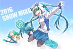  1girl 2016 aqua_eyes aqua_hair blush character_name gloves goggles goggles_on_head hat hatsune_miku long_hair looking_at_viewer open_mouth outstretched_arm pantyhose scarf skirt snowboard snowboarding solo twintails very_long_hair vocaloid yagi_gojou yuki_miku yukine_(vocaloid) 