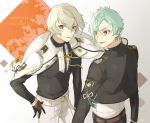  2boys black_gloves blonde_hair character_name flower gloves green_hair higekiri_(touken_ranbu) hizamaru_(touken_ranbu) jacket_on_shoulders male_focus mou_(mooooow) multiple_boys open_mouth red_eyes smile touken_ranbu 