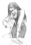  1girl angry arm_support bracelet collarbone formal glasses greyscale hand_on_hip jewelry kosaibu leaning_forward long_hair monochrome solo 