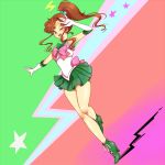  1girl ;d ankle_boots bare_legs bishoujo_senshi_sailor_moon boots bow brown_hair circlet cross-laced_footwear elbow_gloves full_body gloves green_boots green_skirt hair_bobbles hair_ornament high_heel_boots high_heels high_ponytail kino_makoto long_hair miniskirt one_eye_closed open_mouth outstretched_arm pink_bow pleated_skirt ponytail rotte_(nuuum) sailor_jupiter sidelocks skirt smile solo standing_on_one_leg star white_gloves 