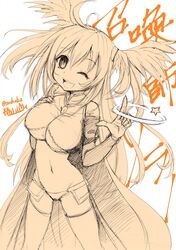  1girl ahoge breasts cleavage highres midriff navel one_eye_closed open_mouth sennen_sensou_aigis shorts sketch sorano_(sennen_sensou_aigis) tsubakiyama_parry twintails twitter_username 