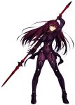  1girl bodysuit covered_navel fate/grand_order fate_(series) gae_bolg highres koyama_hirokazu long_hair looking_at_viewer parted_lips pauldrons polearm purple_hair red_eyes scathach_(fate/grand_order) smile solo spear transparent_background very_long_hair weapon 