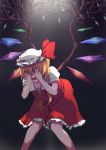  1girl ascot bent_over berabou blonde_hair commentary_request crazy_eyes darkness dress flandre_scarlet hands_over_eyes hat hat_ribbon mob_cap open_mouth puffy_short_sleeves puffy_sleeves red_dress red_eyes ribbon shirt short_sleeves side_ponytail solo touhou wings 