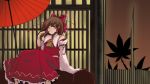  1girl ascot bow brown_hair building curtains dango detached_sleeves eating error food frilled_bow frilled_collar frilled_skirt frills hair_bow hair_tubes hakurei_reimu leaf_print long_hair long_skirt looking_at_viewer midriff night oriental_umbrella outdoors red_skirt ribbon-trimmed_sleeves ribbon_trim sarashi shiina_shian sitting skirt sleeveless solo touhou umbrella wagashi yellow_eyes 