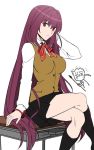  book crossed_legs fate/grand_order fate/stay_night fate_(series) jpeg_artifacts lancer long_hair looking_at_viewer on_table purple_hair red_eyes scathach_(fate/grand_order) school_uniform shimo_(s_kaminaka) sitting table 