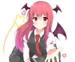  1girl artist_request bat_wings head_wings koakuma long_hair looking_at_viewer necktie outstretched_arm red_eyes redhead simple_background smile solo star touhou wings 